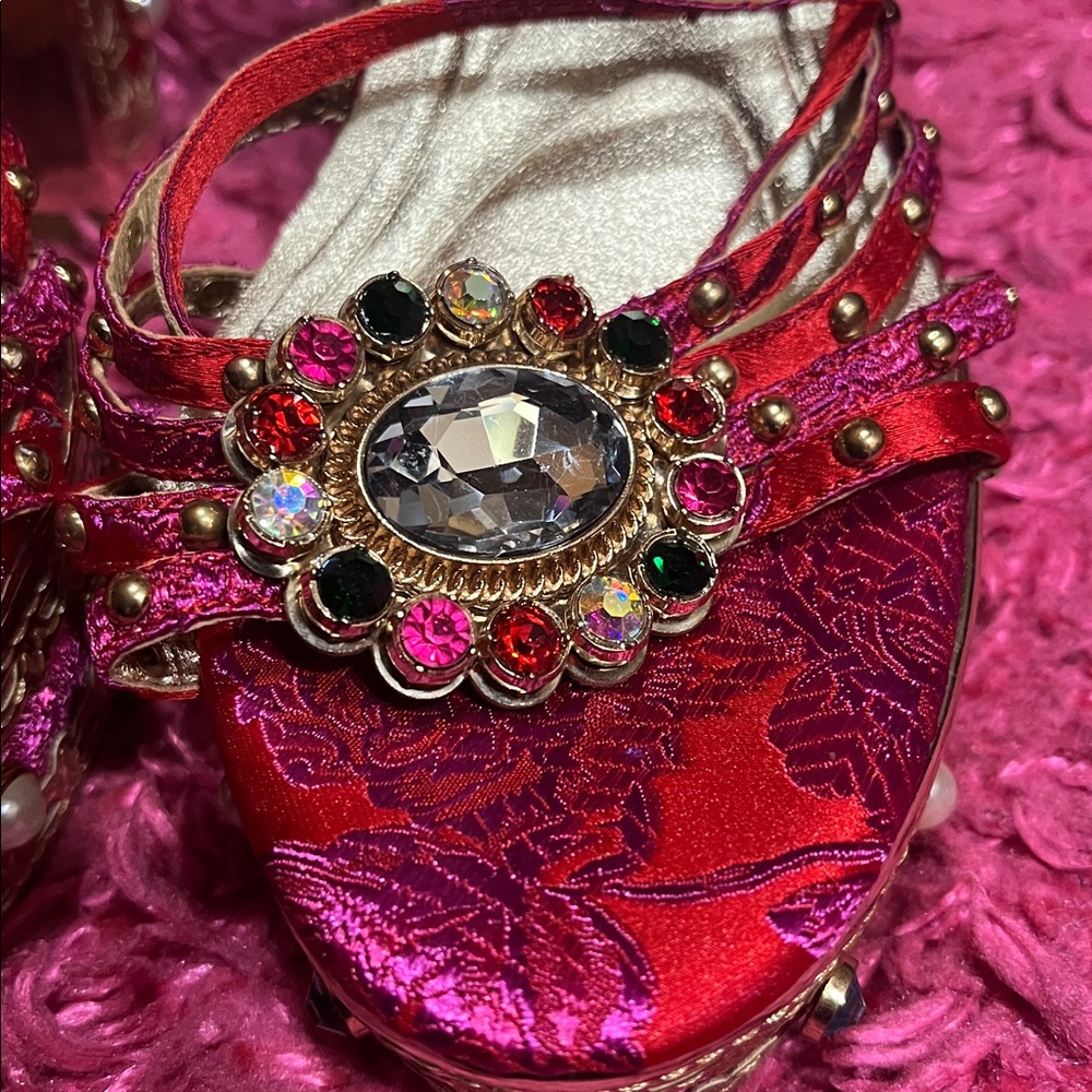 Nordstrom AZALEA WANG - Red Jeweled Platform Sandals w/ Crystal Accents, (SZ.7) - Picture 3 of 12